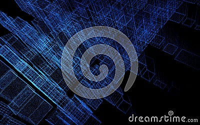 Abstract 3d city rendering with dots and digital elements. Technology concept. 3d illustration Stock Photo