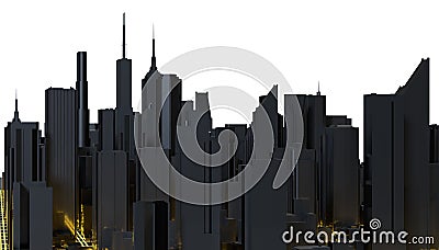 Abstract 3d city rendering with glow lines road and digital elements. Digital skyscrapers. Perspective architecture Stock Photo