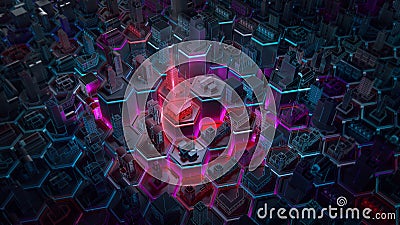 Abstract 3d city rendering with lines and digital elements on hexagonal basis. Technology smart city management internet Cartoon Illustration