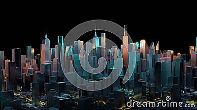 Abstract 3d city rendering with lines and digital elements. Digital skyscrapers. Technology concept. Perspective Stock Photo