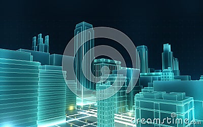 Abstract 3d city rendering with lines and digital elements. Technology blockchain business connection concept Stock Photo