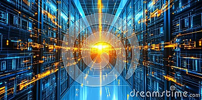 The abstract 3D Cube Tunnel with a light at its end, 3D rendering, digital art Stock Photo