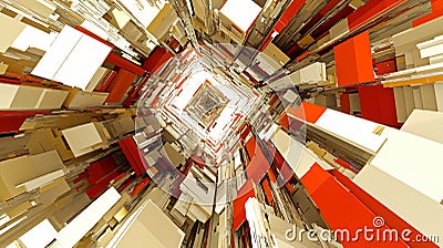 Abstract 3D Digital Art Red and Beige Geometric Structure Infinite Corridor Futuristic Architecture AI generated. Stock Photo