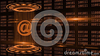 Abstract 3D graphic illustration on orange binary code background - shining light beam in cylinder shape with floating at sign Cartoon Illustration