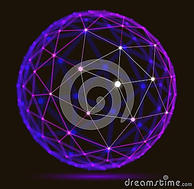 Abstract 3D mesh sphere vector illustration, dots connected with lines technology polygonal object, dynamic tech and science Vector Illustration