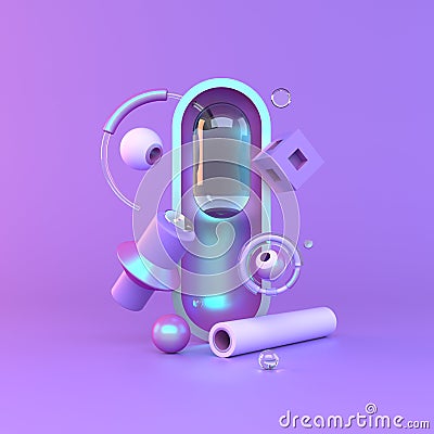Abstract 3D of metal objects on violet background. stock Illustration Stock Photo