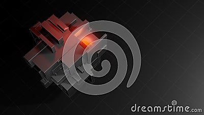 Abstract 3d object consisting of cubes. Red glow inside the object Cartoon Illustration