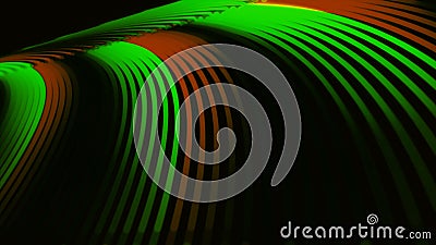 Abstract 3D rainbow-shaped elegant lines moving fast on black background, seamless loop. Animation. Green and red bended Stock Photo