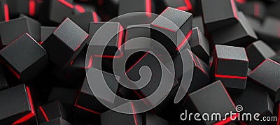 Abstract 3D Render, Dark Cubes With Red Glowing Lines Background, Minimalist Design Elements Stock Photo