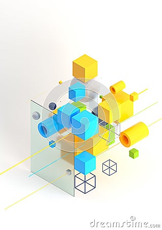 Abstract 3d render visualization background, template modern composition of geometric shapes in isometric . Cube, sphere Stock Photo