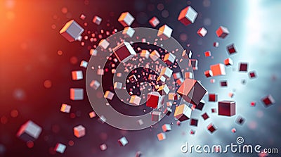 Abstract 3D rendering of chaotic particles. Flying cubes in empty space, design for poster, banner, sign, Cartoon Illustration