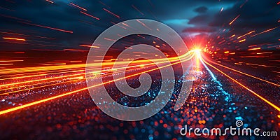 Abstract D rendering of fast-moving stripes with glowing sun flare representing speed. Concept Stock Photo
