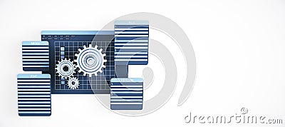Abstract 3D rendering of software interface and gears on white background. 3D Rendering Stock Photo