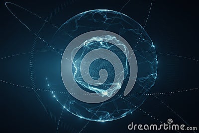 Abstract 3d rendering sphere made of neon dots. Global network connection. Digital atom. Globe Grid. Worldwide communication. Cartoon Illustration