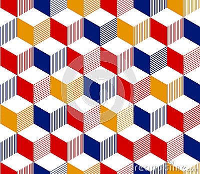 Abstract 3d striped cubes geometric seamless pattern in red blue yellow and white, vector Vector Illustration