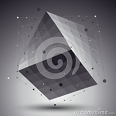 Abstract 3D structure polygonal vector network pattern, grayscale art deformed figure placed over contrast background. Vector Illustration