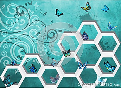 Abstract 3D Wall Art Blue Butterfly Vector Illustration