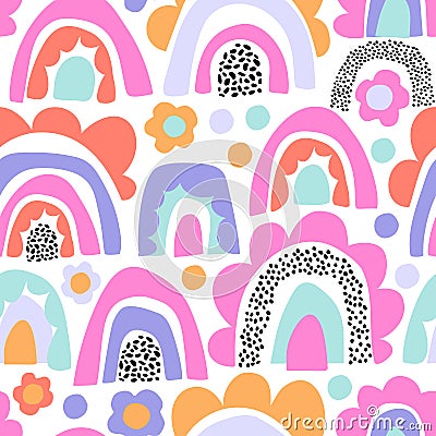 Abstract daisy flower, minimal doodle rainbows seamless pattern Vector Illustration