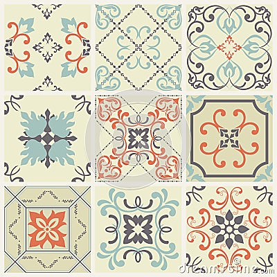 Abstract damask patterns set of nine seamless in retro style for design use. Vector illustration. Vector Illustration