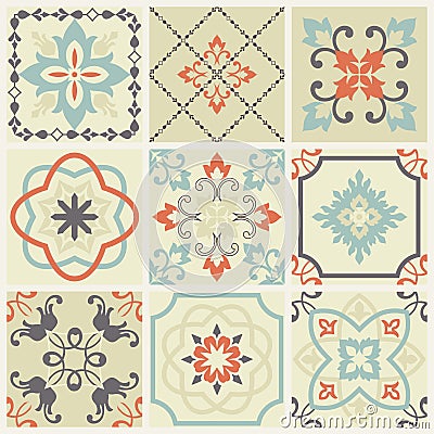 Abstract damask patterns set of nine seamless in retro style for design use. Vector illustration. Vector Illustration