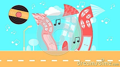 Abstract dancing city in a flat style with a vinyl plate instead of the sun with curved houses with notes with trees and bushes, c Vector Illustration