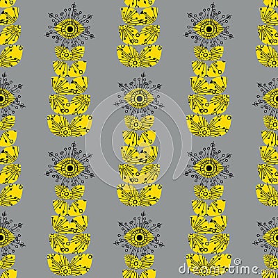 Abstract dandelion seeds seamless vector pattern background. Yellow grey backdrop with tall stylized folk art herbacious Vector Illustration