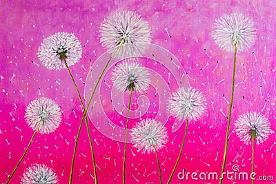 Abstract dandelions on pink background, oil painting Stock Photo