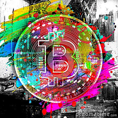 Colorful bitcoin with bright paint splatters on white background, cryptocurrency concept Stock Photo