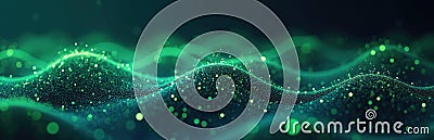 Abstract dark blue backdrop with glowing green data particles forming complex wave patterns. Dynamic motion design concept for Stock Photo
