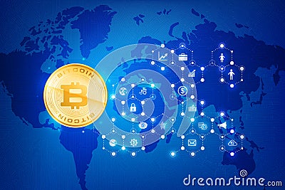 Abstract dark blue background bitcoin concept with print circuit Vector Illustration