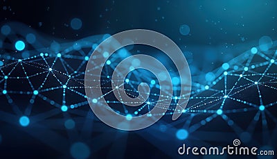 Abstract dark blue tech background displays glowing particles, lines forming network pattern. Intricate plexus design illustrates Stock Photo