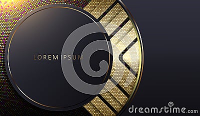 Abstract dark design with a round frame with a gold edging and shiny mosaic Vector Illustration
