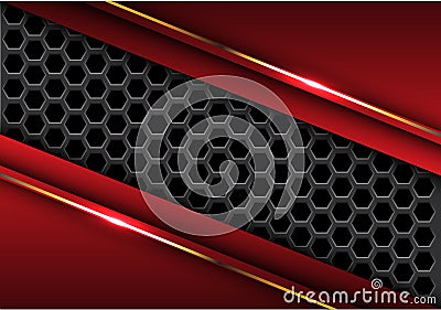Abstract dark gray hexagon mesh in red triangle gold line design modern futuristic background vector Vector Illustration