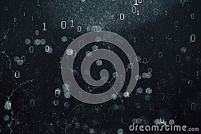 Abstract dark hacking background with bokeh circles and binary coding. Malware and phishing, data theft concept. Stock Photo