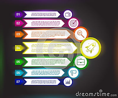 Abstract dark infographics template with arrows. Business template infographics. Flat design elements, icons and text boxes. Vector Illustration