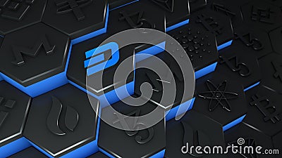 Abstract DASH coin cryptocurrency with blockchain network connection in blockchain conceptual 3d illustration Cartoon Illustration