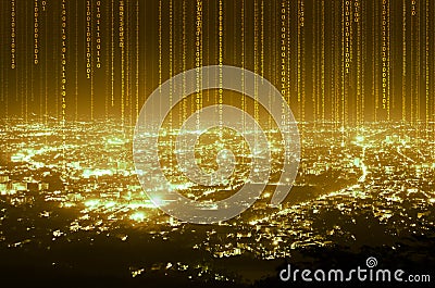 Abstract data digital line connection on night city background , Stock Photo