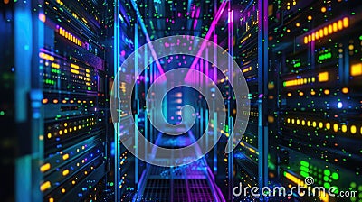 Abstract data flow with neon light effect in server for hosting domain. AIG53. Stock Photo