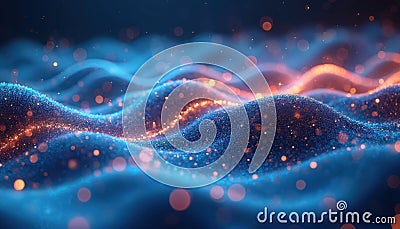 Abstract data visualization with blue sparkling waves. Graphic background simulates algorithm in matrix. Concept for big data, Stock Photo