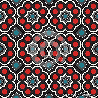 Abstract decorative geometrical seamless pattern of red, black, gray, white and teal shades Vector Illustration