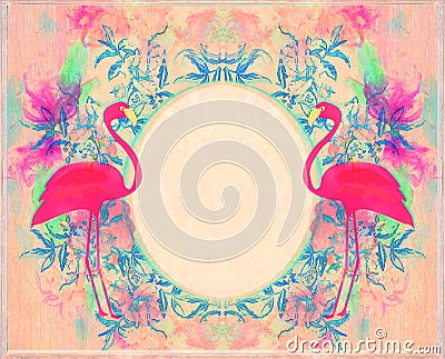 Abstract decorative pink card with flamingos - floral frame Cartoon Illustration