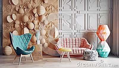 Abstract decorative wooden paneling wall in living room. Created with generative AI Stock Photo