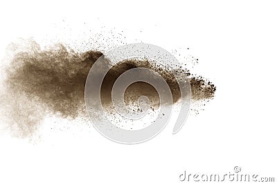 Abstract deep brown dust explosion on white background. Freeze motion of coffee liked color dust splash Stock Photo