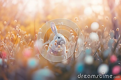 Abstract Defocused Easter Scene - Ears Bunny Behind Grass And Decorated Eggs In Flowery Field. Generative AI Stock Photo