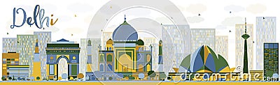 Abstract Delhi skyline with color landmarks. Cartoon Illustration