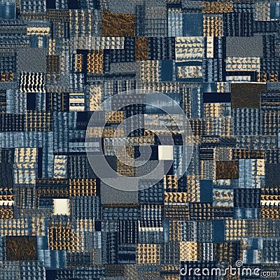 Abstract Denim Mosaic Pattern with Mixed Textures and Shades Stock Photo