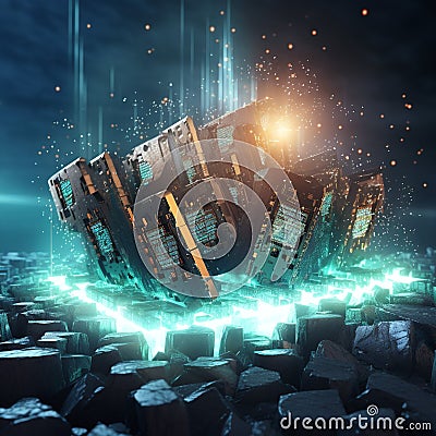 Cryptocurrency Mining Concept with 3D Rendered Pickaxes Striking Luminous Block of Code Stock Photo