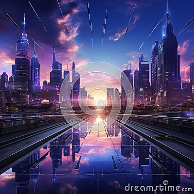 An abstract depiction of a futuristic cityscape, with sleek buildings and advanced technology. Stock Photo