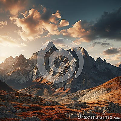 An abstract depiction of a mountain range, with jagged peaks rising up into the sky. Stock Photo