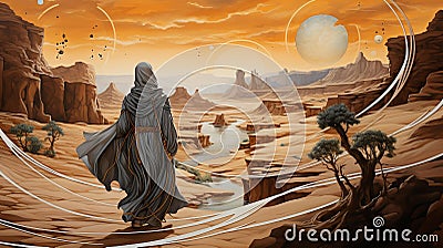 An abstract depiction of a spiritual journey or pilgrimage, with winding paths and mysterious land Stock Photo